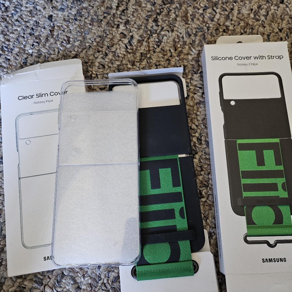 Samsung Z Flip 4 cases (2 cases, one black and green, one clear)
